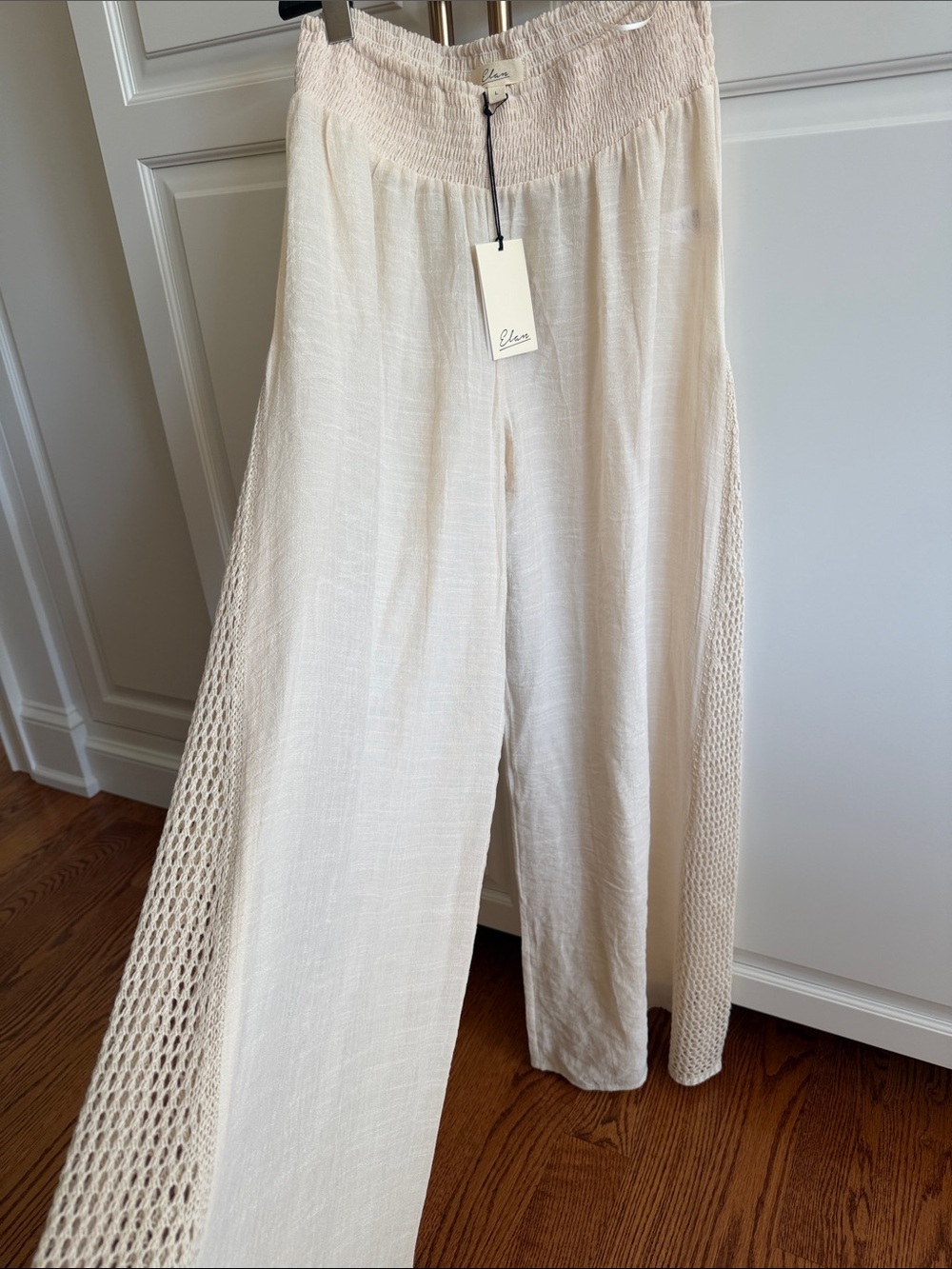 Elan Cream Wide-Leg Pants with Crochet Side Panels L (but 2 me runs Small!) NWT